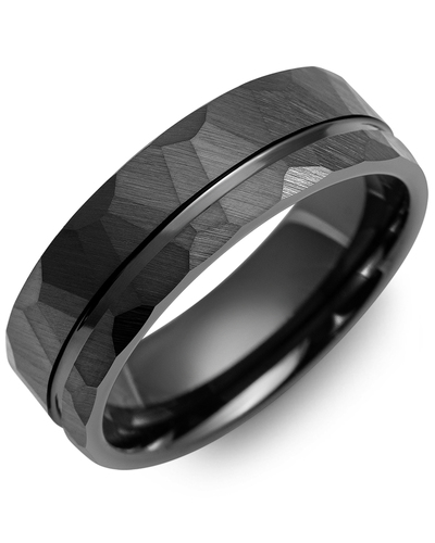Men's Off Center Hammer Black Ceramic Wedding Ring in Black Ceramic